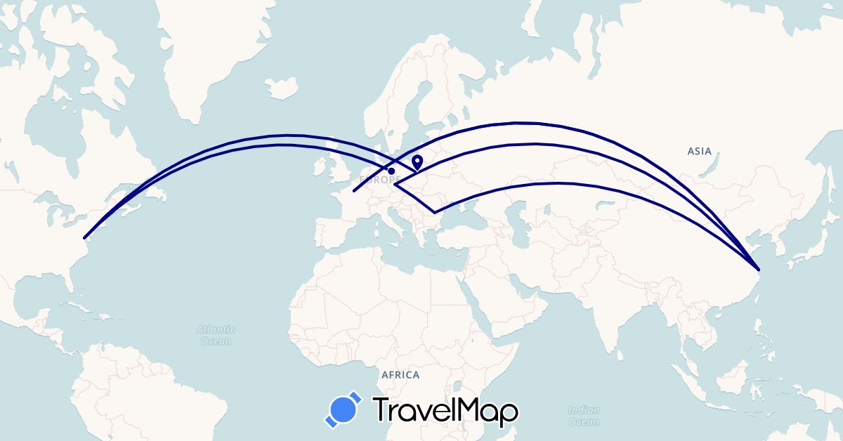TravelMap itinerary: driving in China, Czech Republic, Germany, France, Poland, Romania, United States (Asia, Europe, North America)